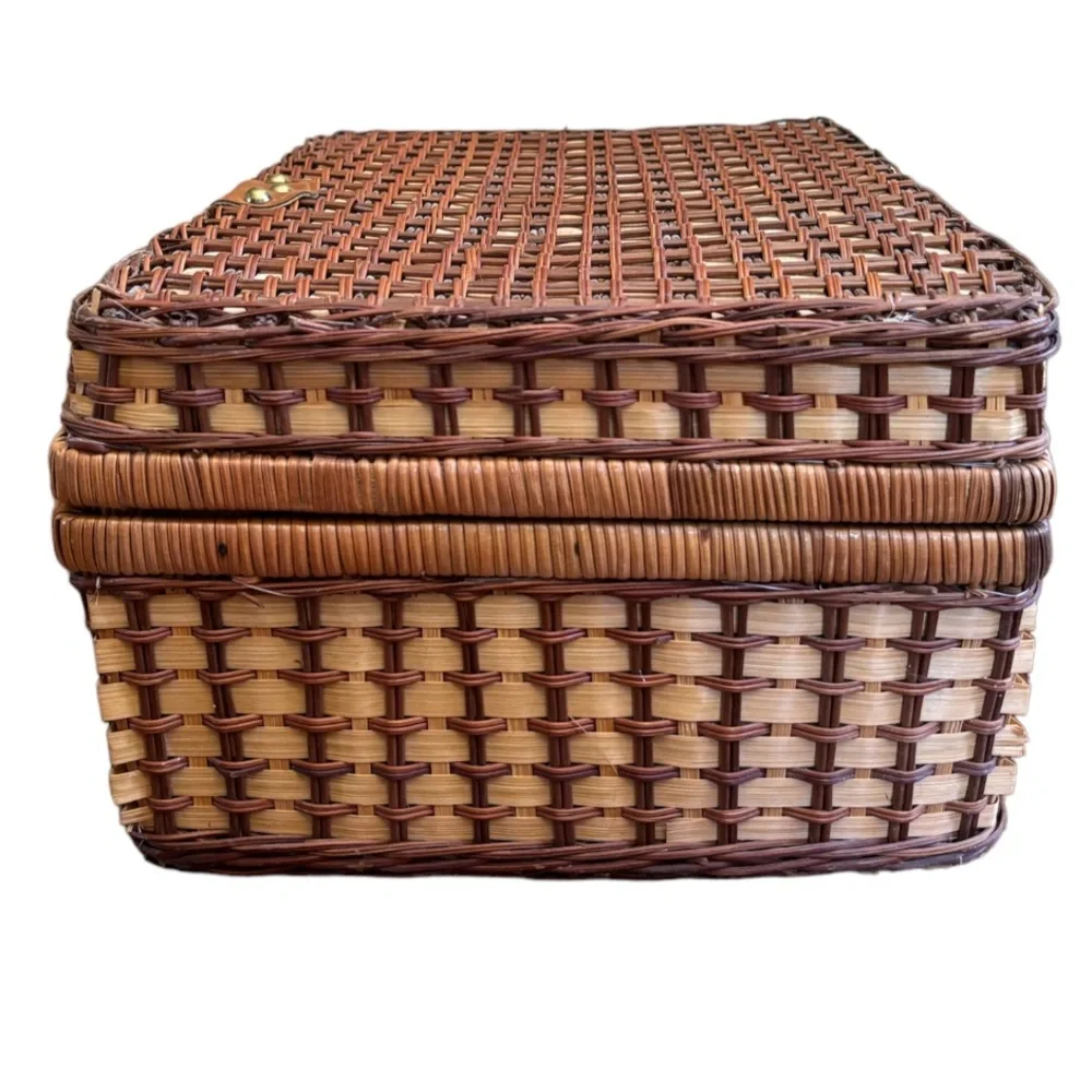 Large Woven Picnic Basket Romantic Vintage Set All Season Use Tan Blue Gingham - Picture 9 of 11